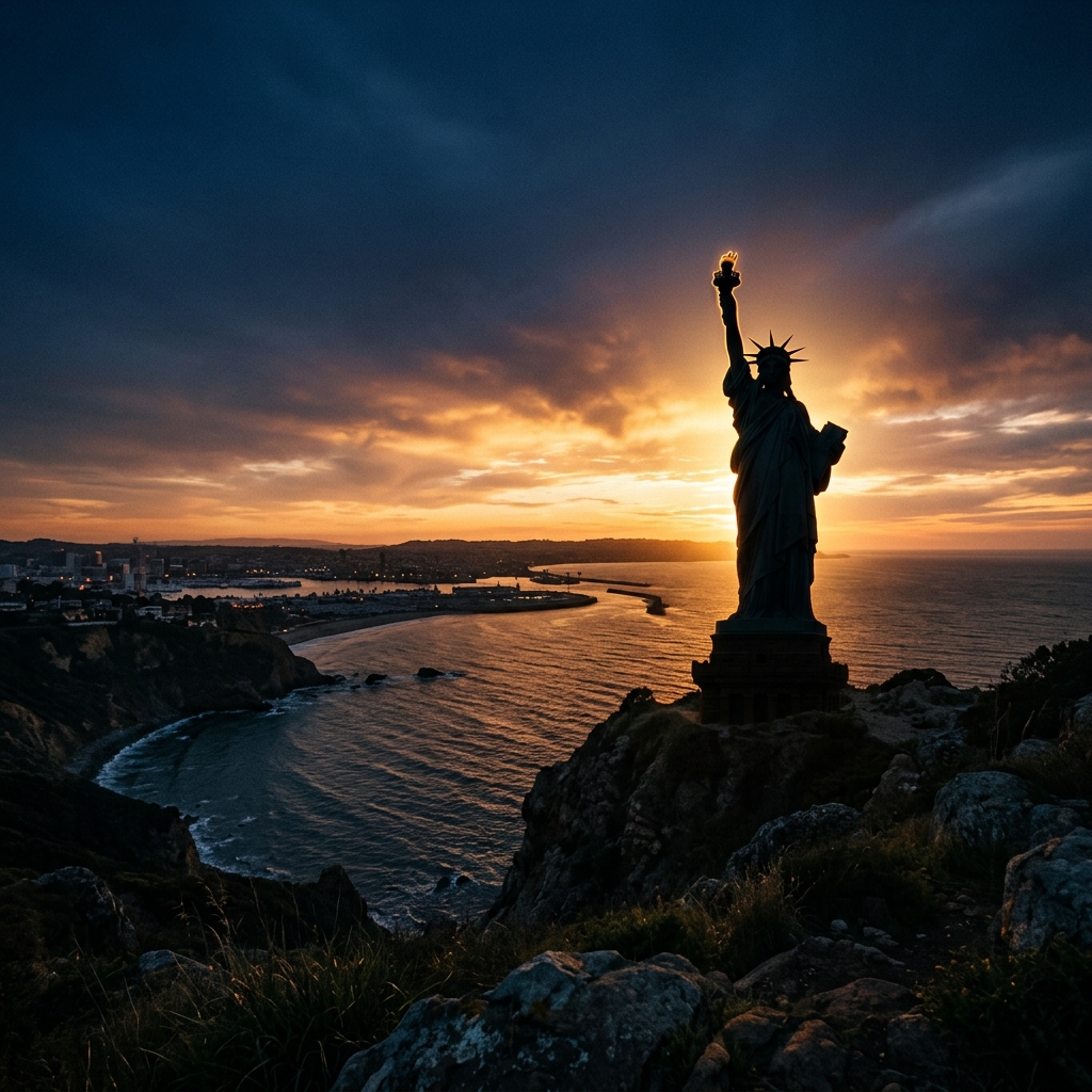 Lady Liberty silhouette at dusk symbolizing freedom and justice